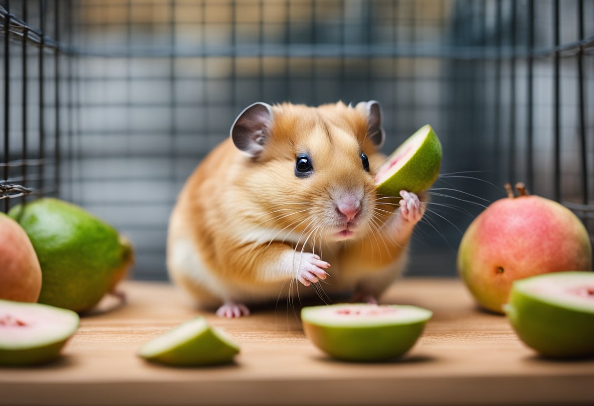 A hamster sits in its cage, sniffing a piece of guava. Its tiny paws hold the fruit as it nibbles, showing its curiosity about the new food