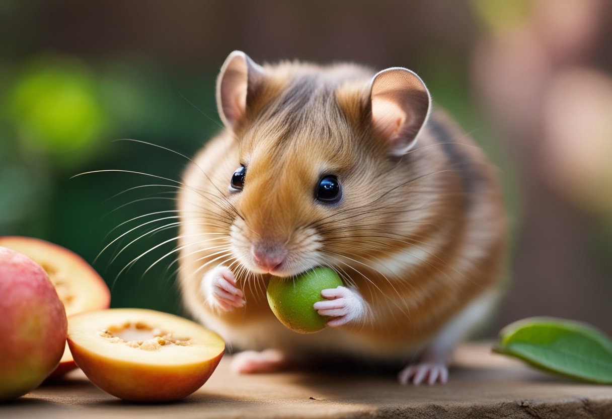 A curious hamster sniffs a ripe guava, its tiny paws reaching out to touch the fruit. Text "Frequently Asked Questions: can hamsters eat guava?" hovers above