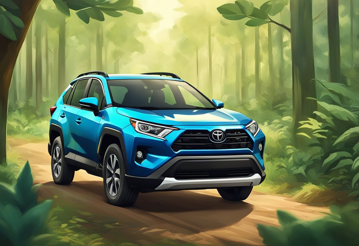 The Toyota RAV4 drives through a lush forest, with a focus on the fuel-efficient engine and eco-friendly oil type