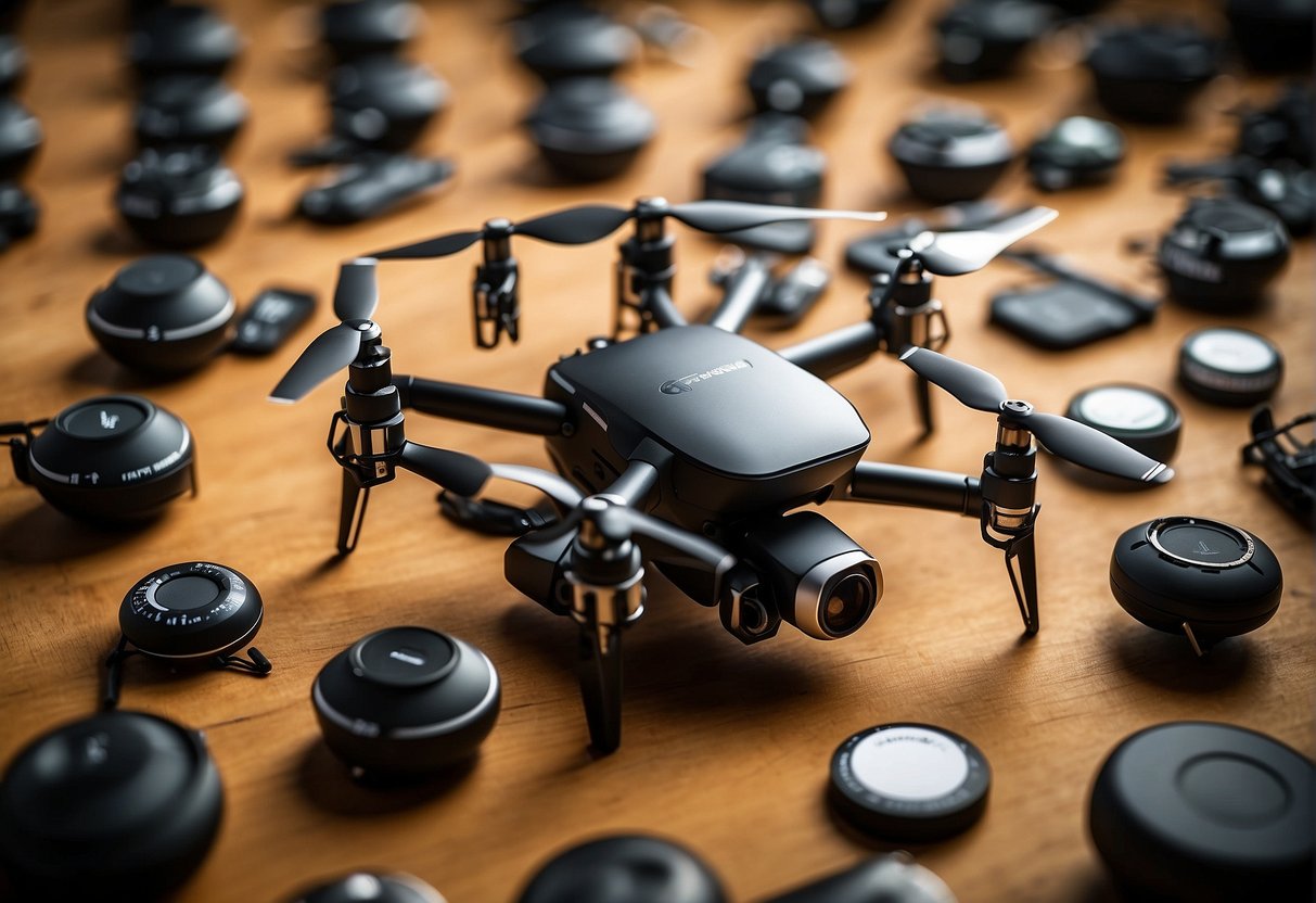 Different drones arranged in a grid, with labels indicating their classifications. Some are small and compact, while others are larger and more complex