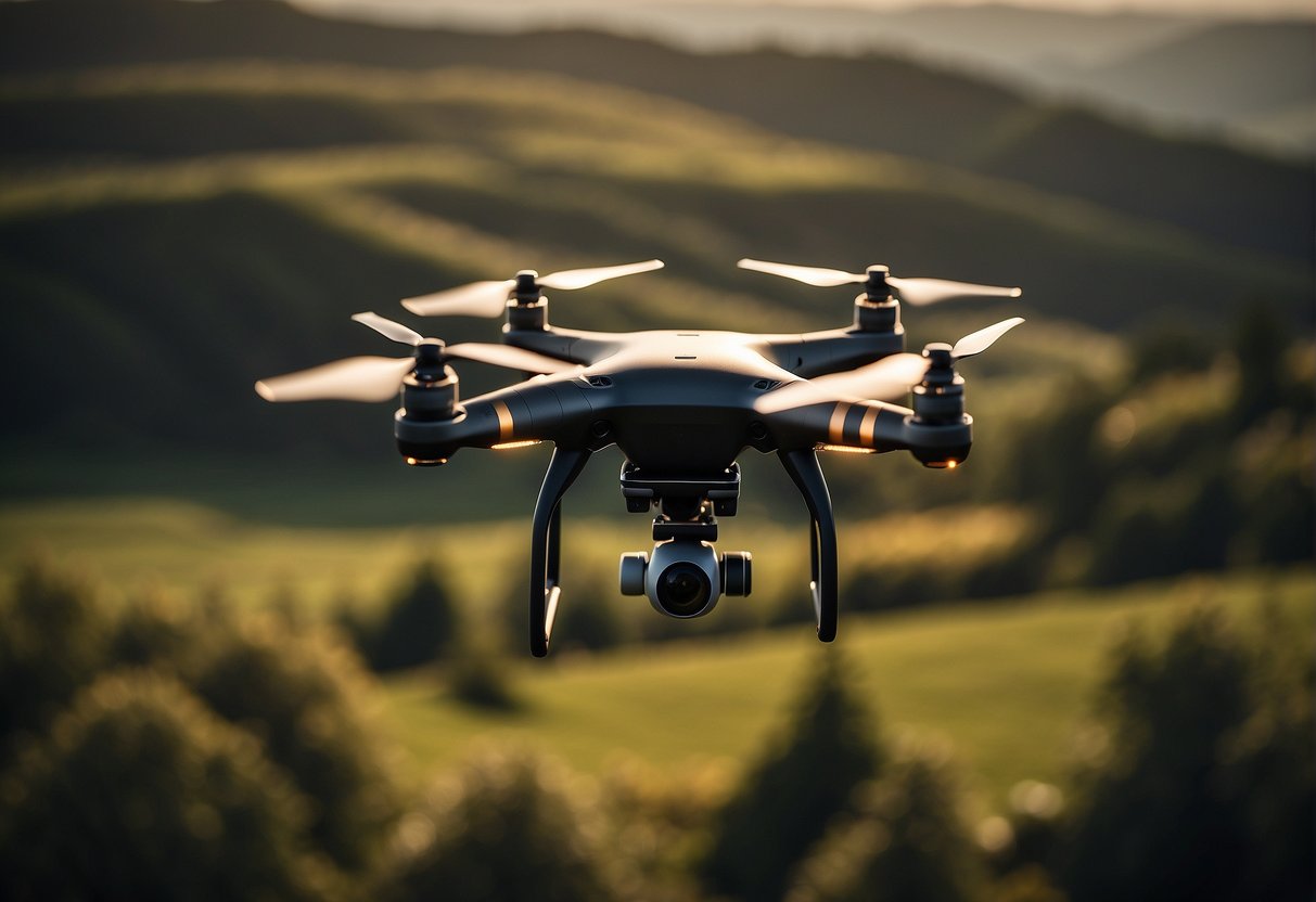 A variety of drones hover above a landscape, showcasing different types of drone technology