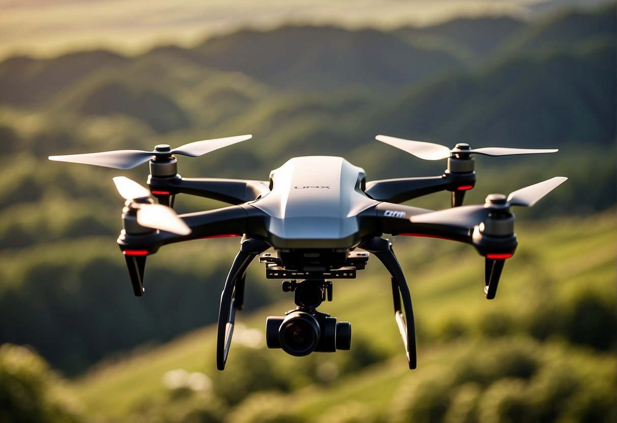 Various drones hover over cityscape and rural landscapes, delivering packages, capturing aerial footage, and monitoring agricultural fields