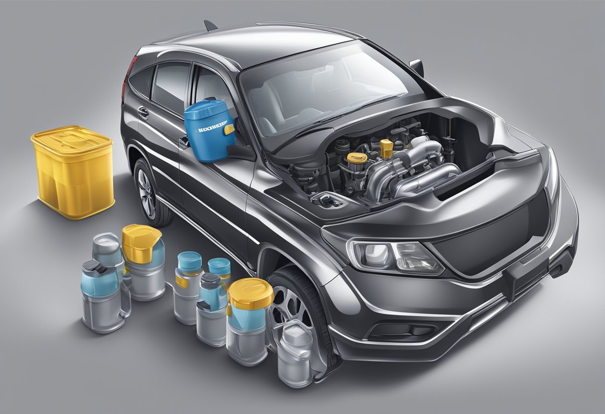 A Honda CR-V engine with an open oil cap, surrounded by oil containers and a funnel, showcasing the process of checking and filling the oil capacity