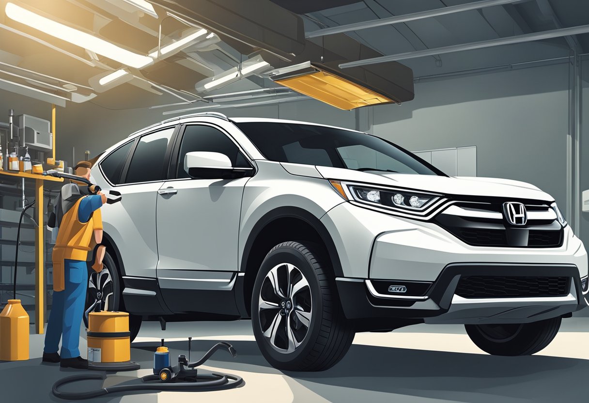 The Honda CR-V is parked in a well-lit garage. A mechanic is pouring the right amount of oil into the engine, following the manufacturer's guidelines