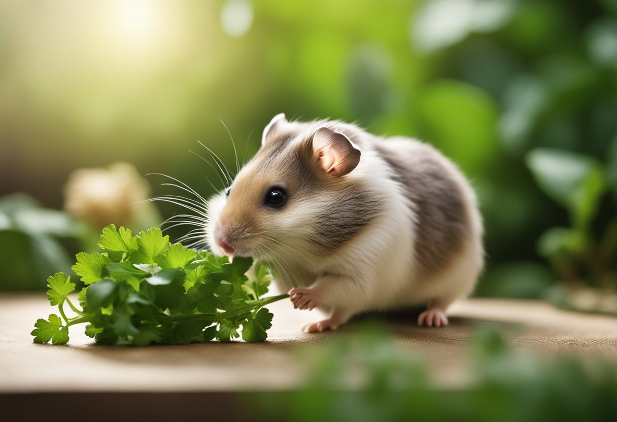 A hamster nibbles on a sprig of fresh cilantro, its tiny paws holding the green leaves as it eats