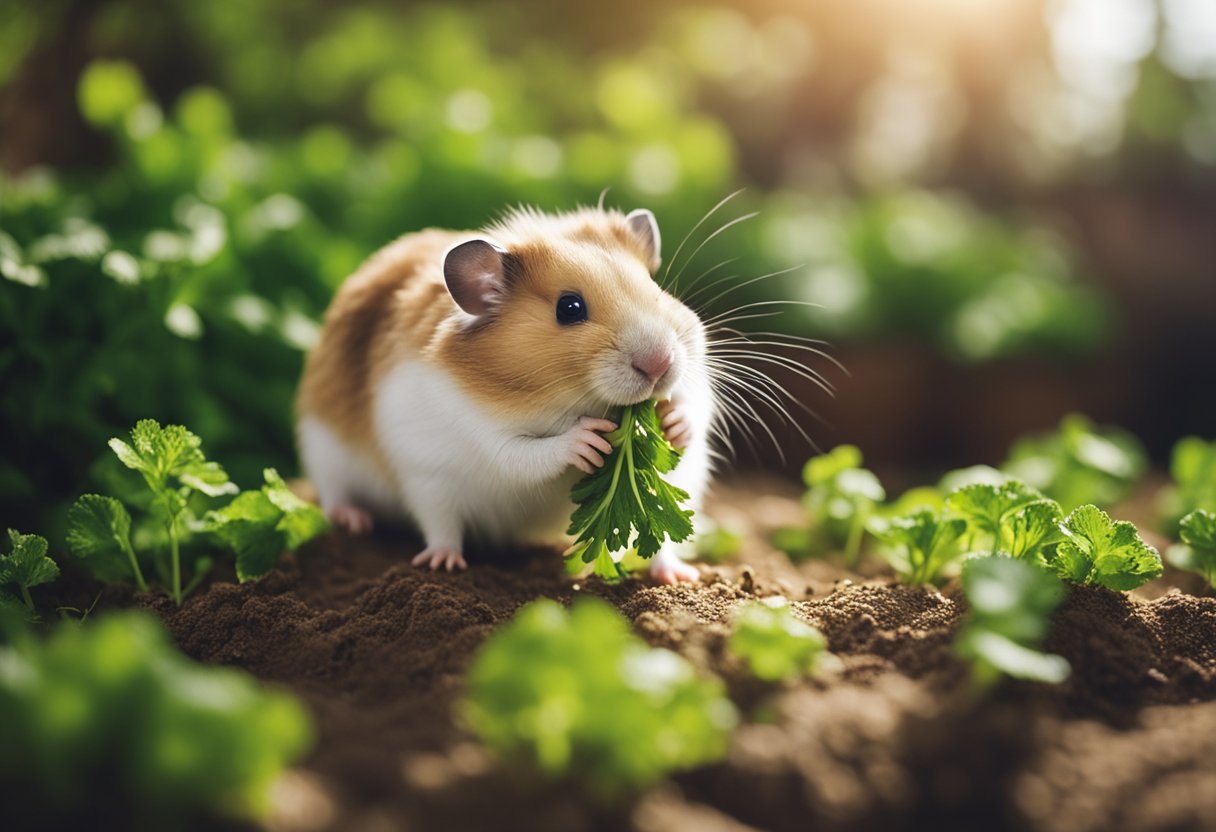 A hamster sniffs a bunch of cilantro, contemplating if it's safe to eat