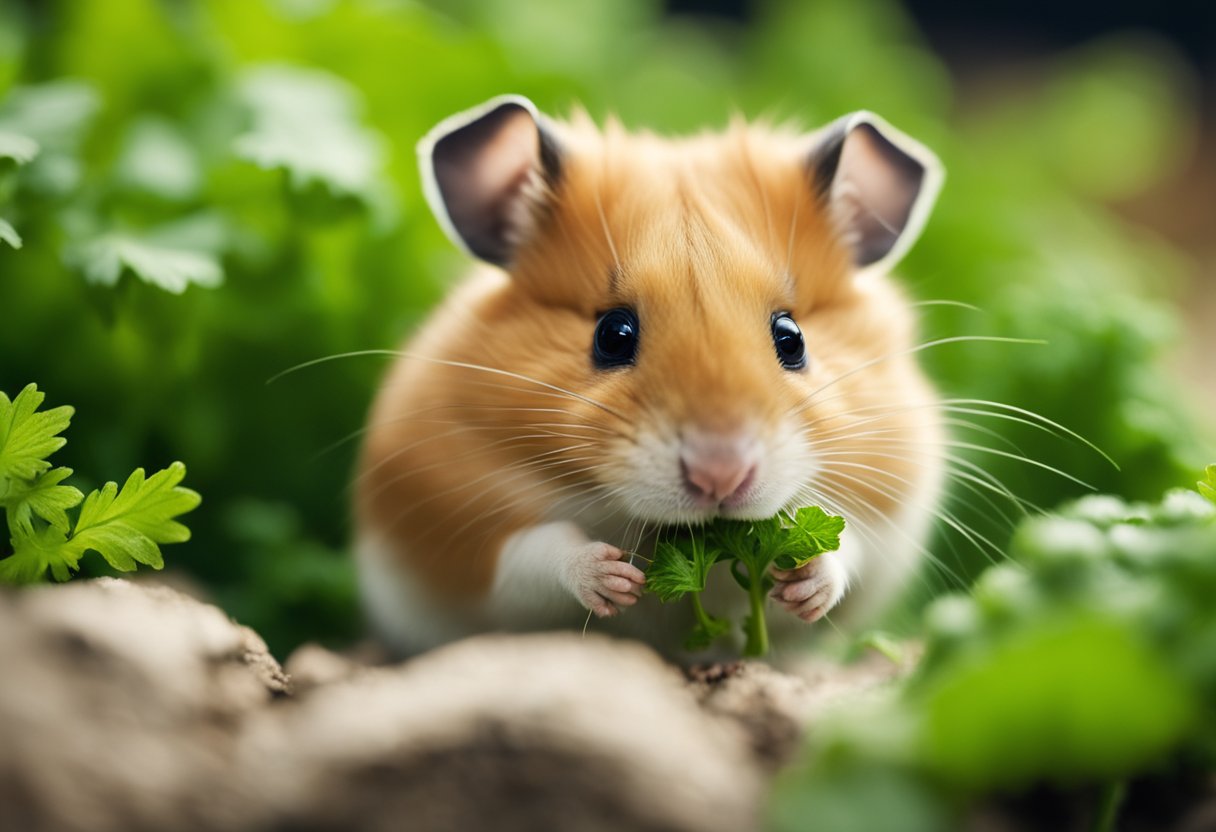 A hamster eagerly nibbles on fresh cilantro, its tiny paws holding the leaf as it chews