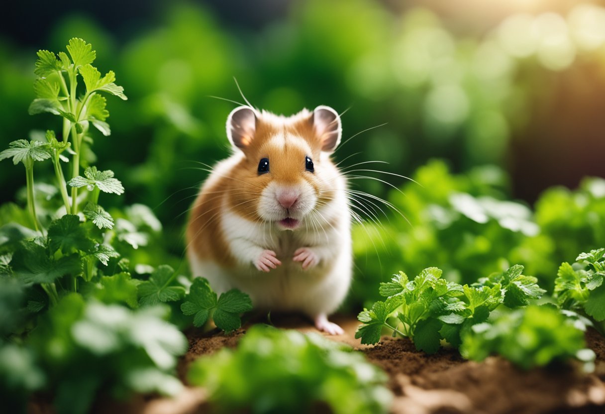 A hamster surrounded by cilantro, eating from a small pile