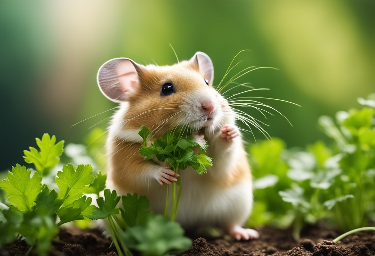 A hamster eagerly munches on a sprig of fresh cilantro, its tiny paws holding the leaf as it chews. The curious creature's whiskers twitch with delight as it enjoys the flavorful herb