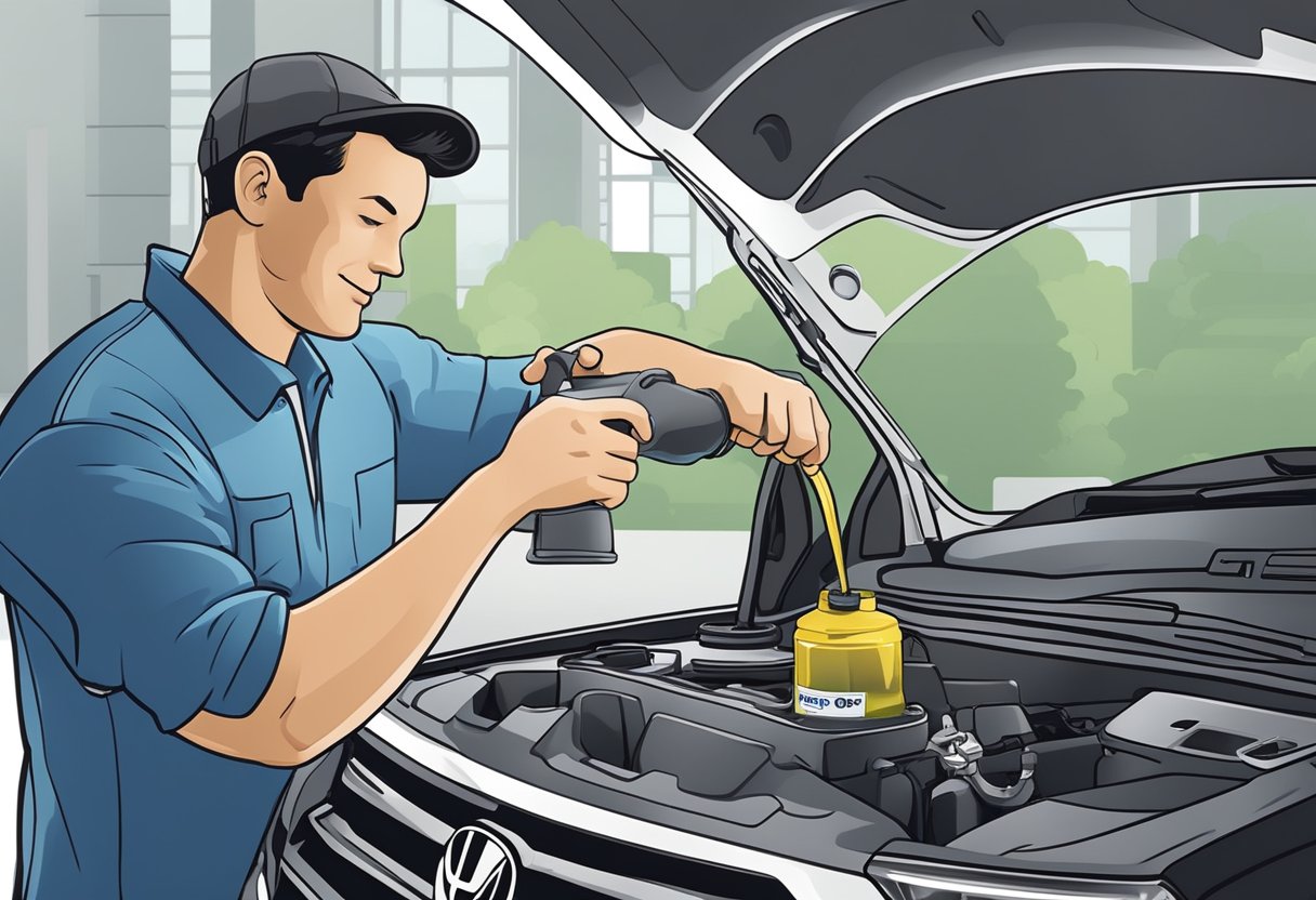 A mechanic pours additional fluids into a Honda CR-V, emphasizing the importance of proper oil capacity for optimal vehicle performance