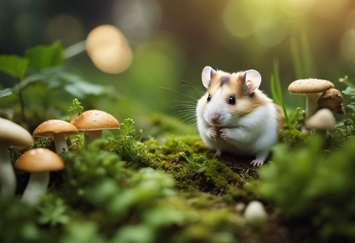 A hamster nibbles on a small mushroom, surrounded by other mushrooms and green foliage
