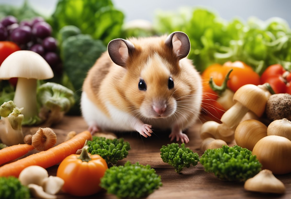 A hamster surrounded by various vegetables and mushrooms, with a question mark above its head