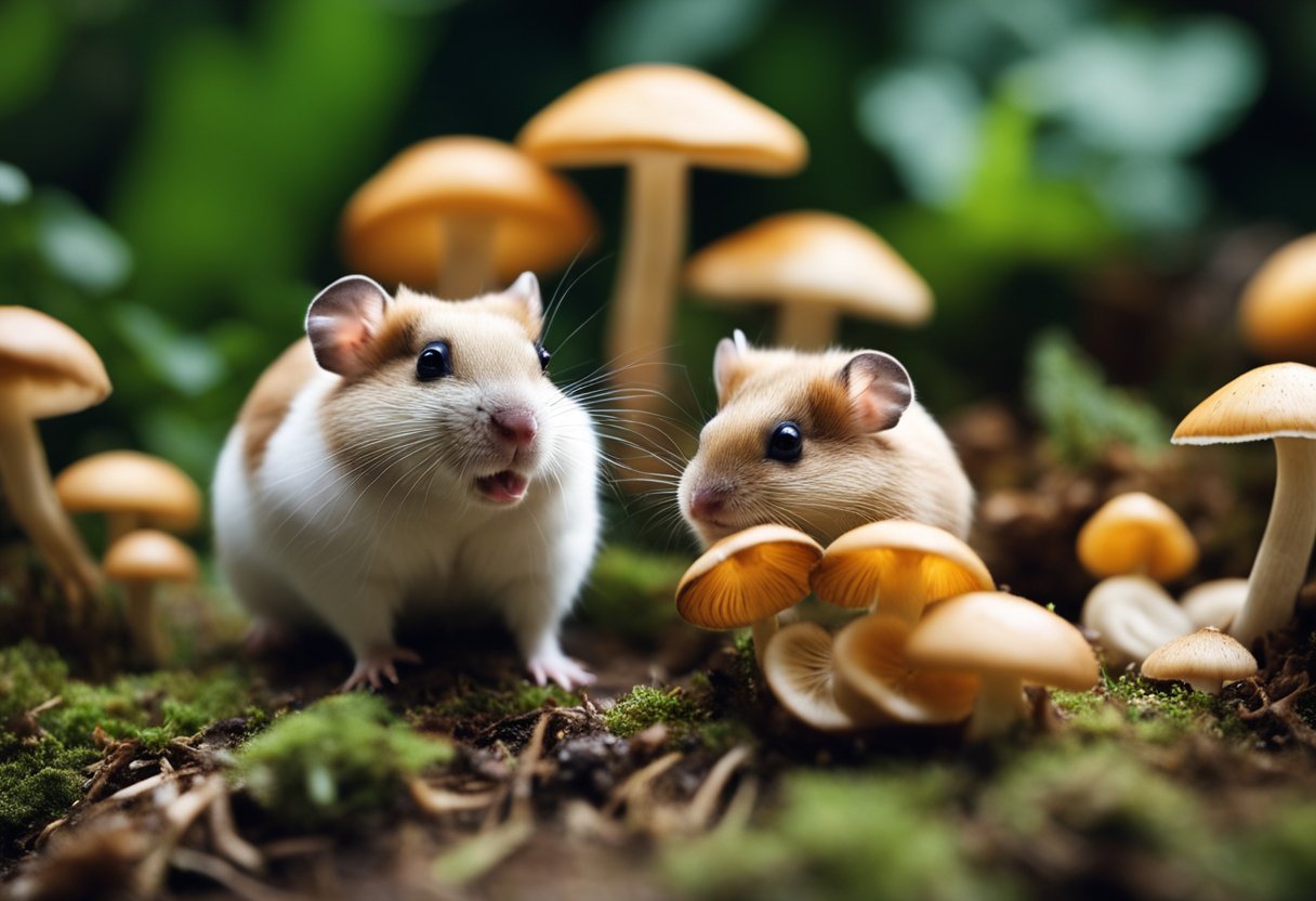 Mushrooms surround curious hamsters, who sniff and nibble cautiously