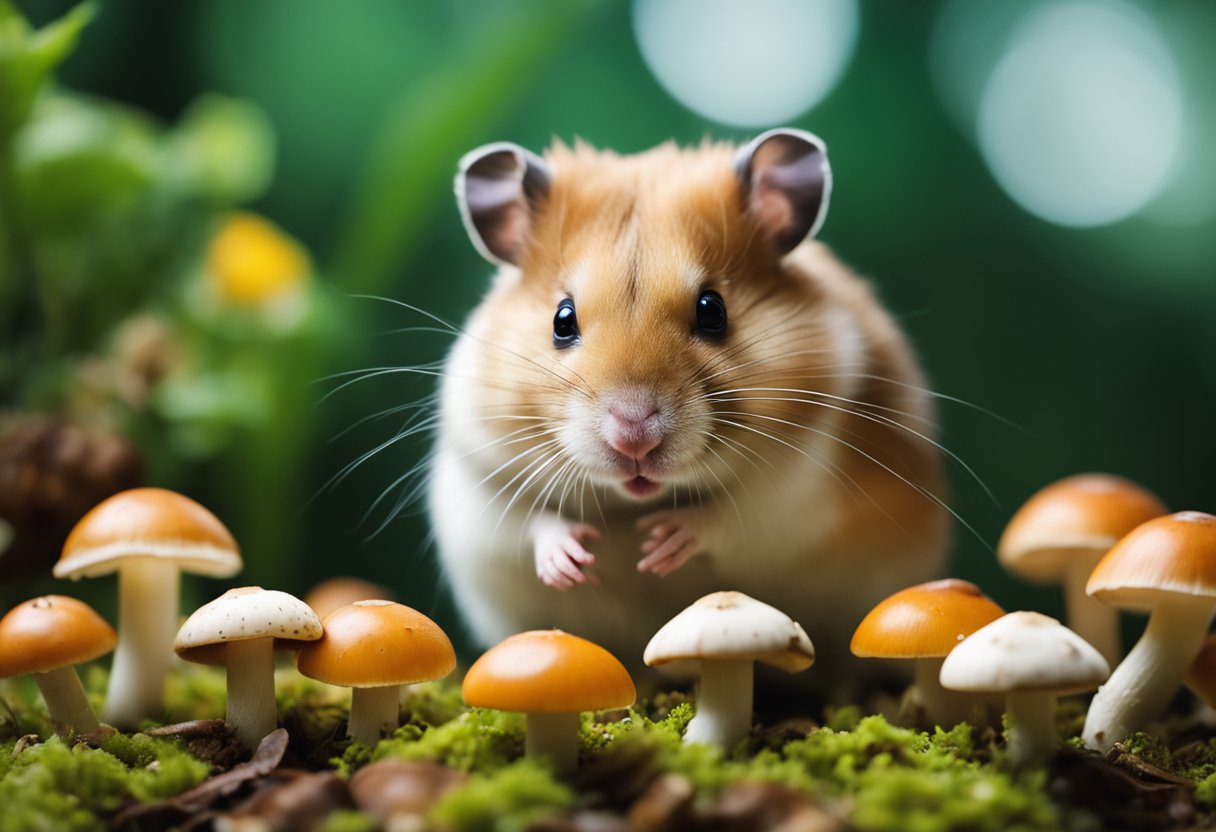 A hamster surrounded by various types of mushrooms, sniffing and nibbling on them
