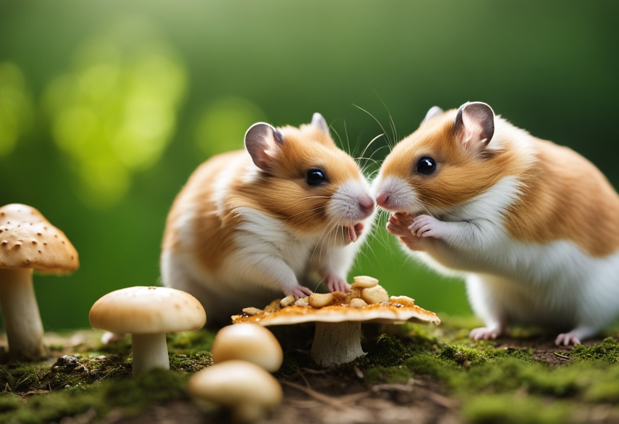 A curious hamster sniffs a mushroom, while another munches on a small piece