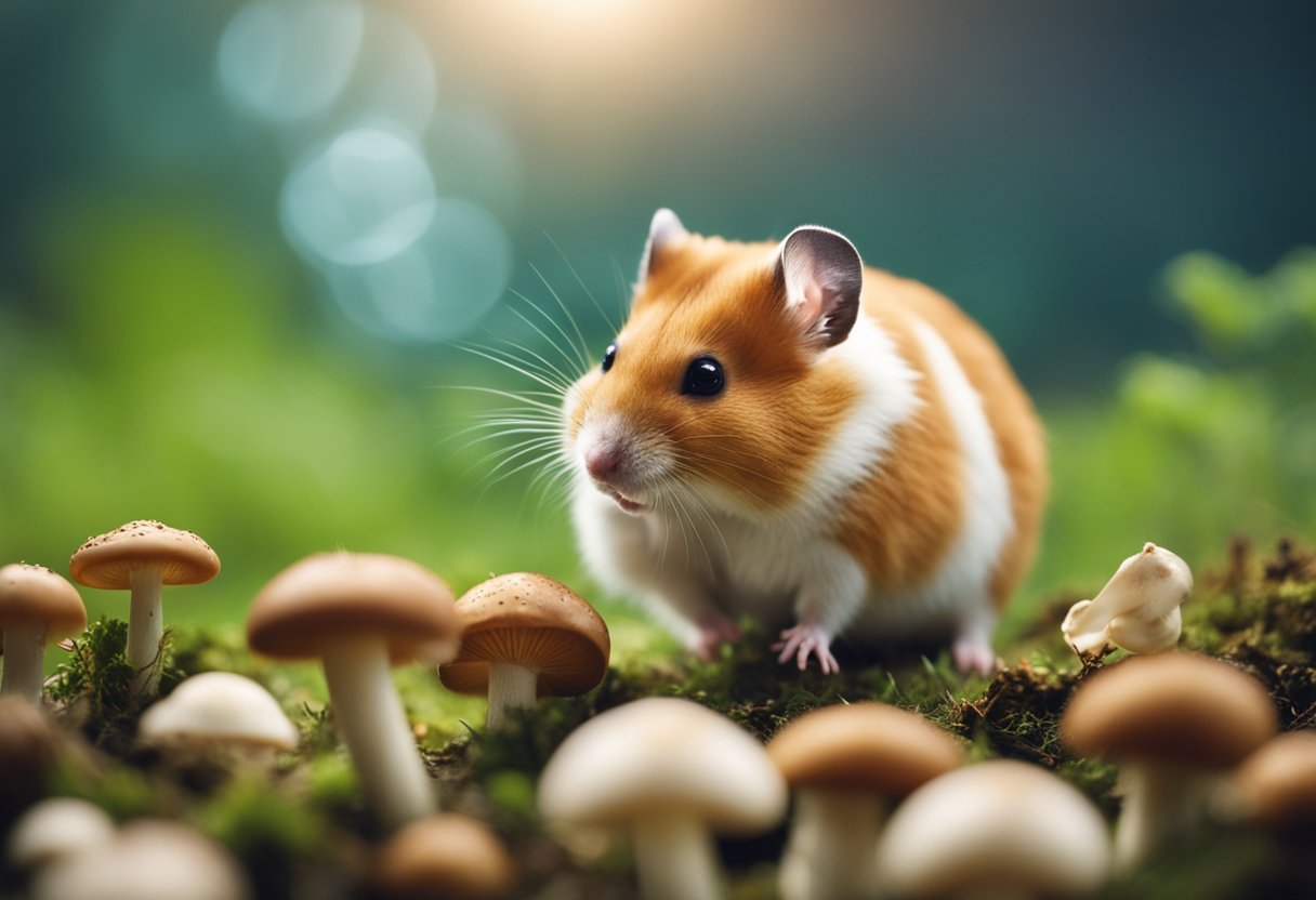 A curious hamster sniffs a pile of mushrooms, while a question mark hovers above its head