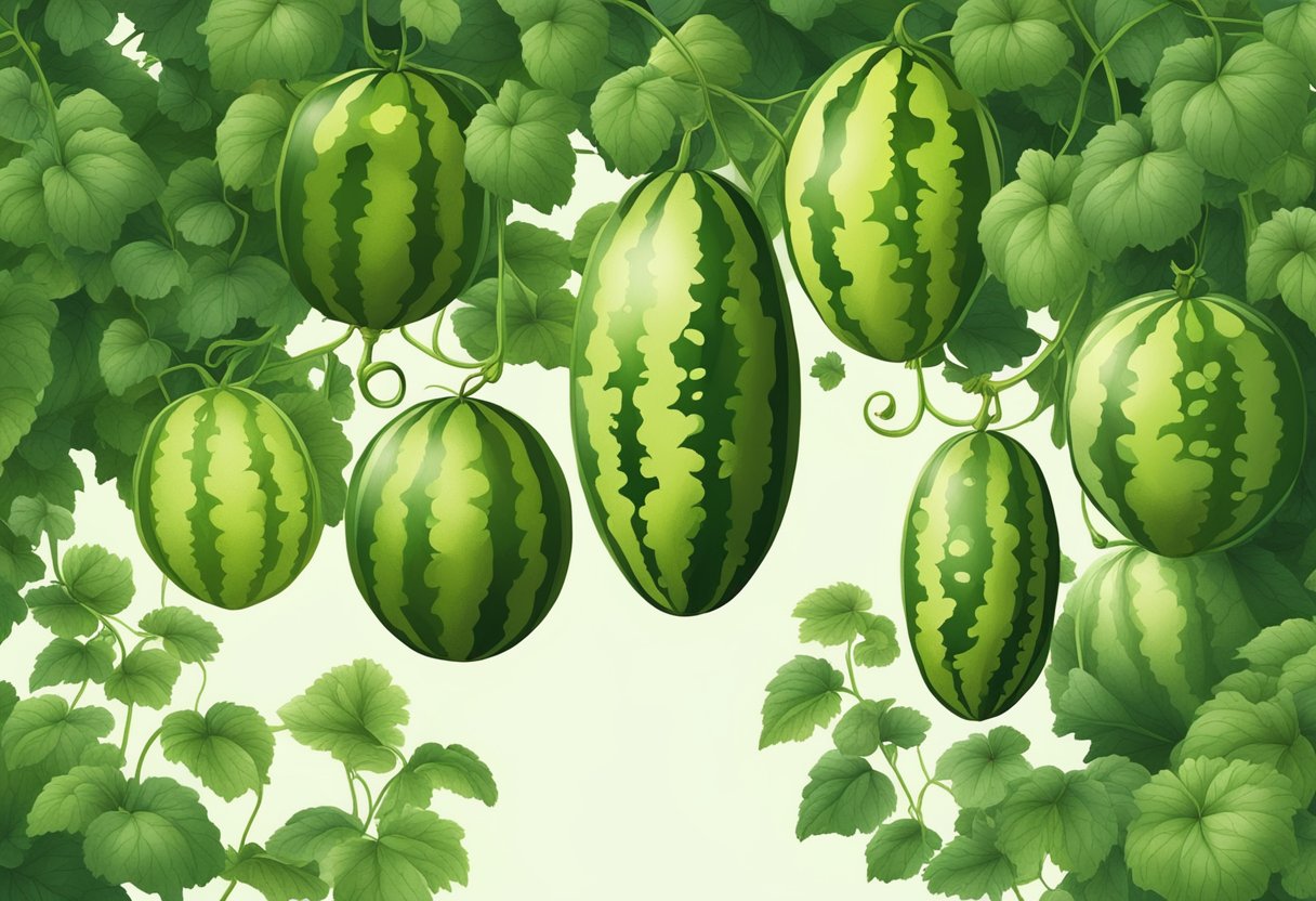 Several ripe watermelons hanging from a single vine, surrounded by lush green leaves and tendrils