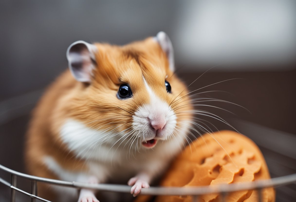 A hamster nibbles on a sweet potato, sitting in its cage