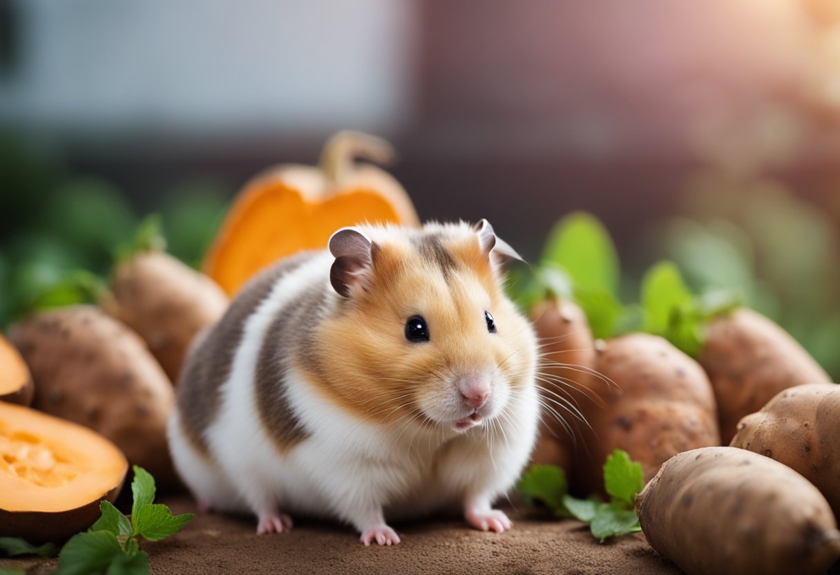 A hamster sitting next to a pile of sweet potatoes, nibbling on one while looking curious and content