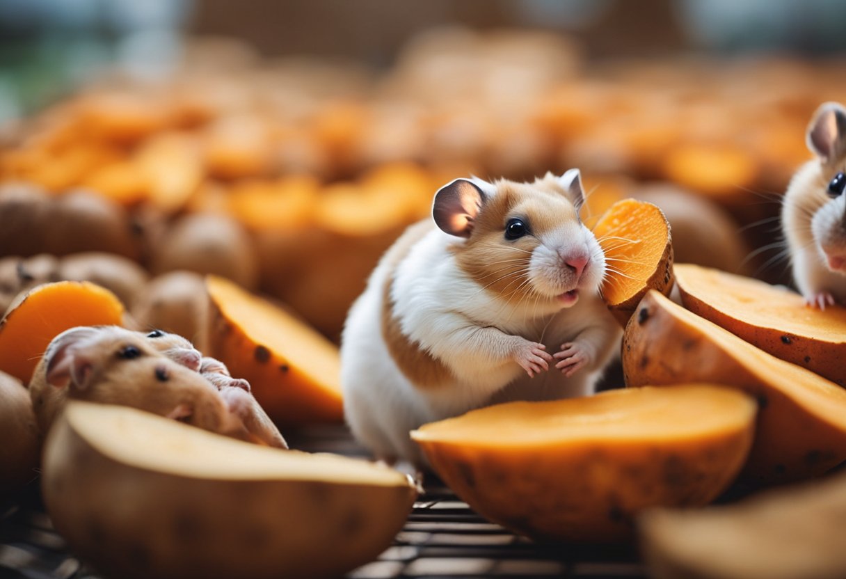 Hamsters munch on sweet potatoes in their cage