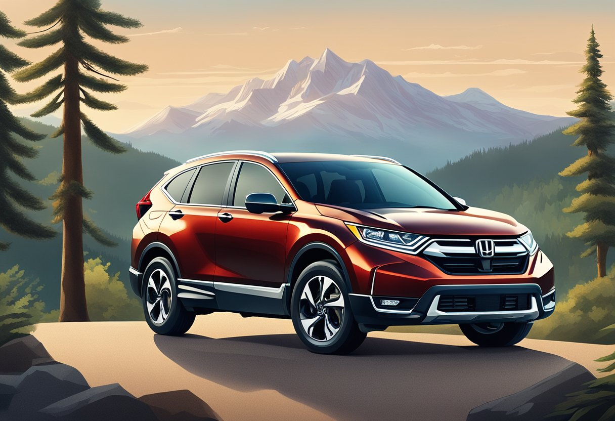 A Honda CR-V is parked in a serene natural setting, with trees and mountains in the background. Its engine is being serviced with the correct oil type, emphasizing the importance of using the right oil for optimal performance