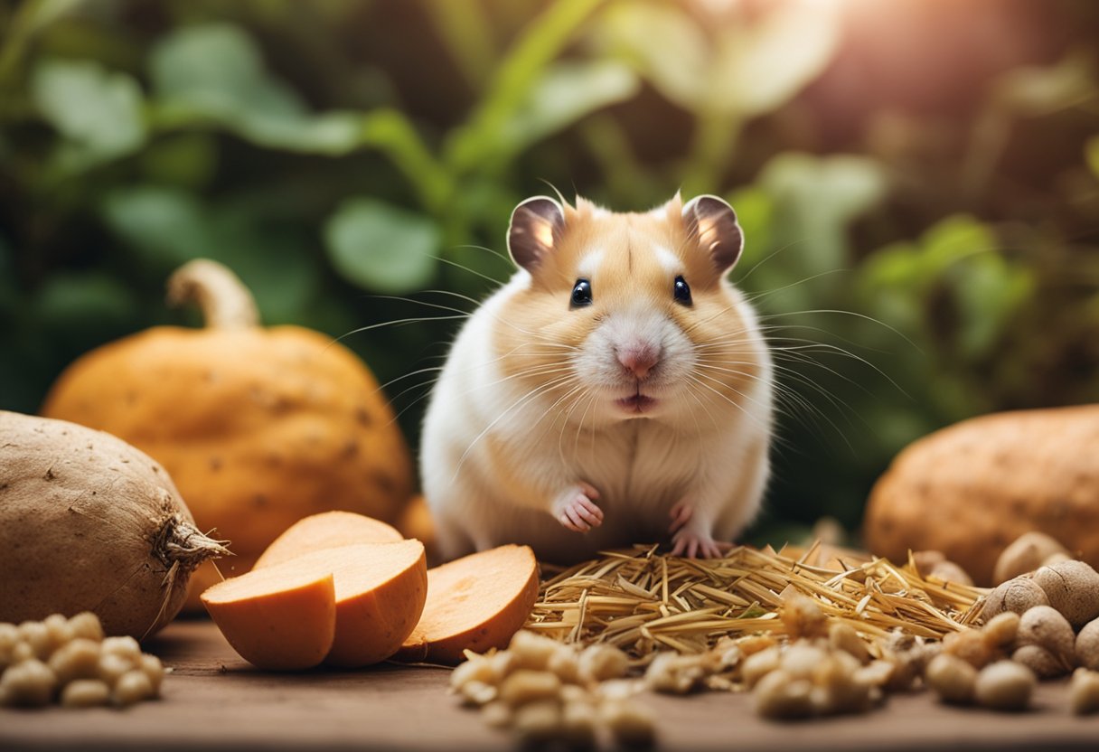A hamster surrounded by sweet potatoes, hay, and water bottle