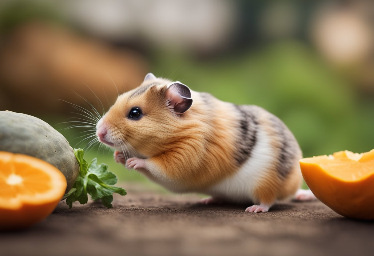 A hamster nibbles on a sweet potato, its tiny paws holding the orange vegetable