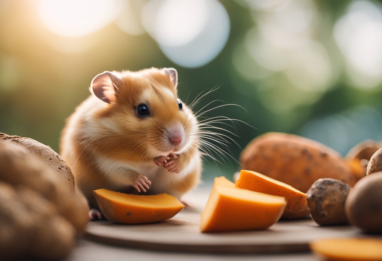 A curious hamster sniffs a sweet potato, while a pile of frequently asked questions about hamster diets sits nearby