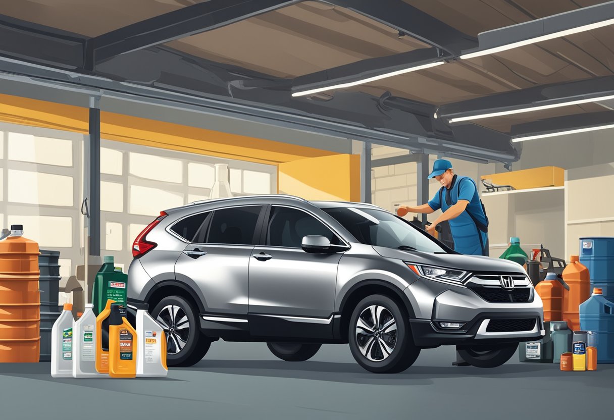 A Honda CR-V sits in a garage, surrounded by various brands of motor oil. A mechanic holds up different oil containers, pondering the best choice