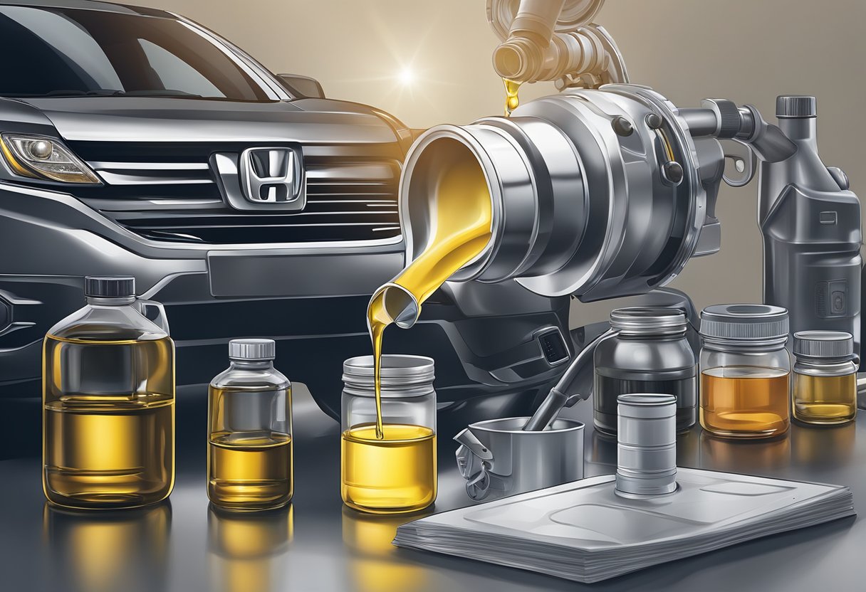 A hand pours oil into a Honda CR-V engine, with various oil types displayed nearby for selection