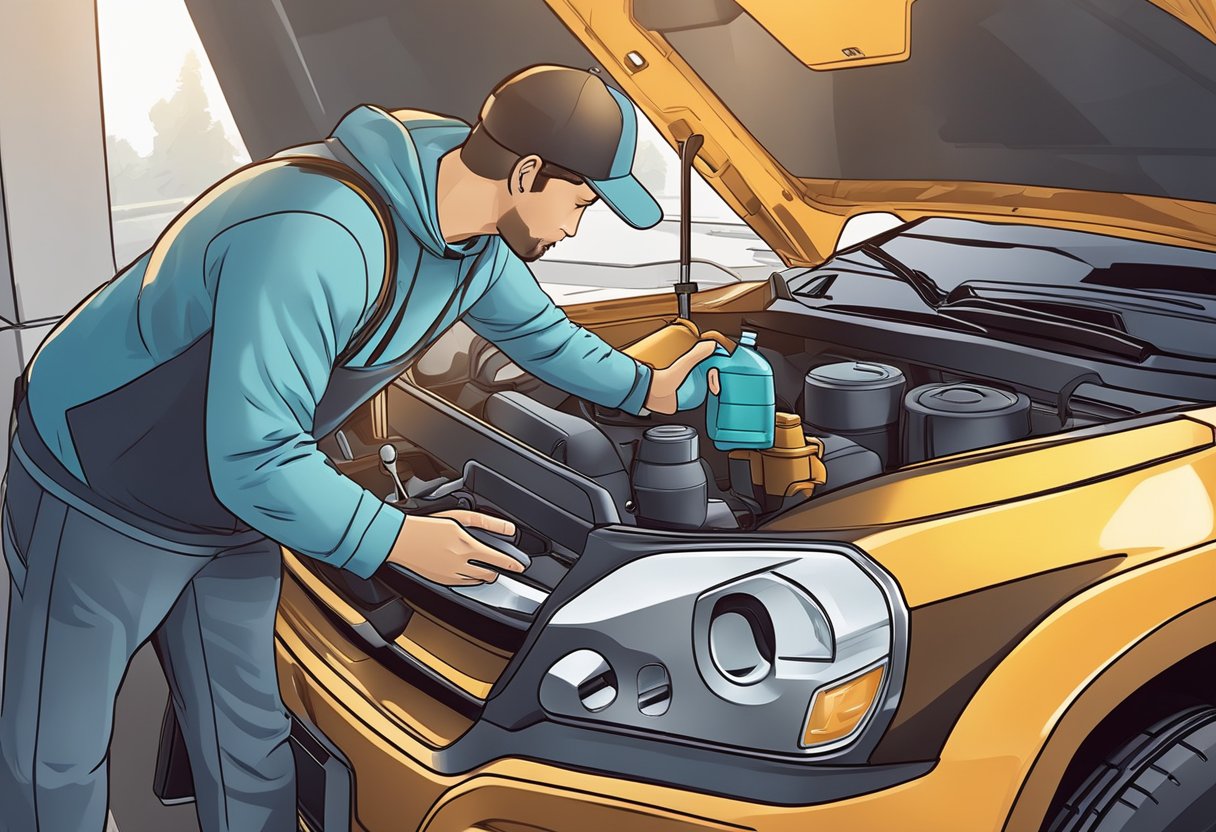 A Honda CR-V is parked with the hood open, revealing the oil cap. A mechanic holds a bottle of oil, ready to pour it into the engine