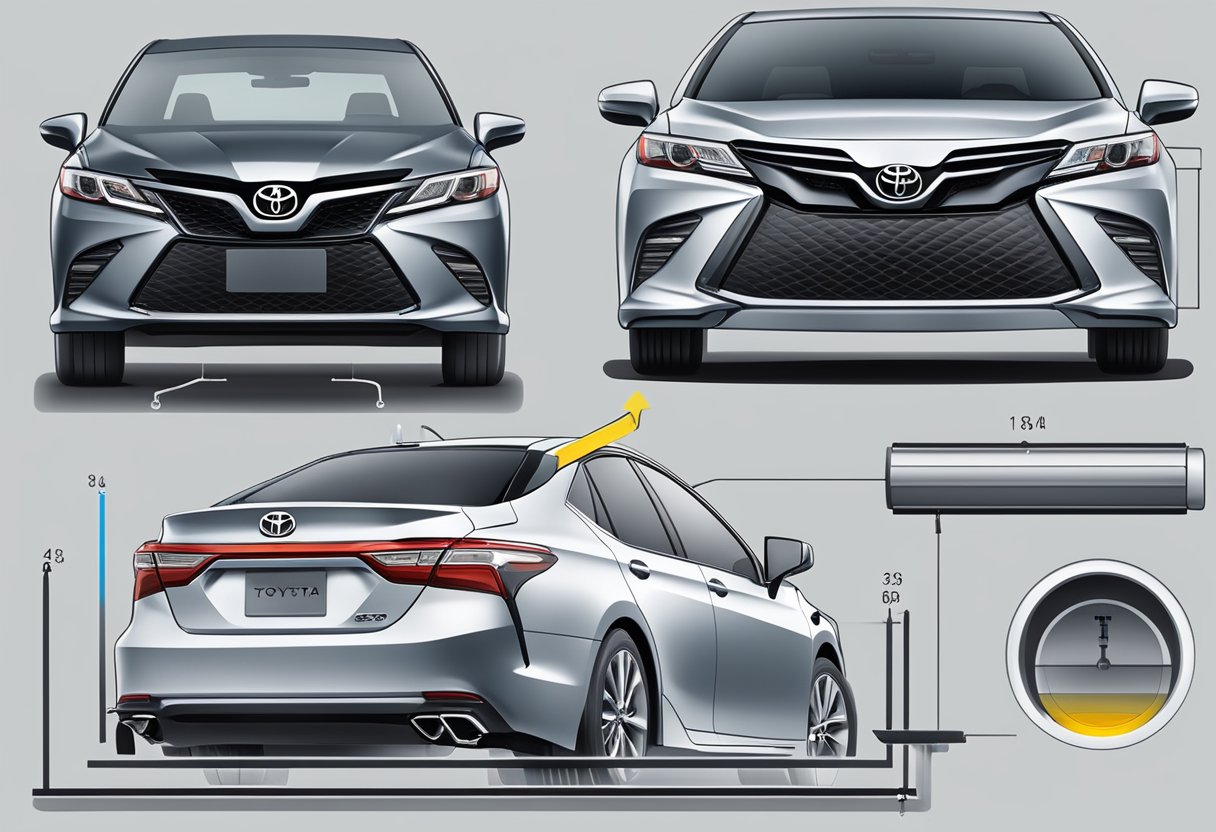 The Toyota Camry's oil capacity is illustrated with a clear view of the oil reservoir and the corresponding measurement markings