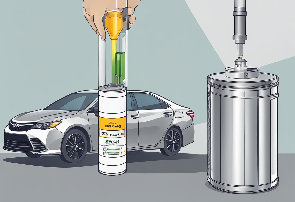 A Toyota Camry's oil capacity is being measured with a graduated cylinder, with additional fluid capacities labeled nearby