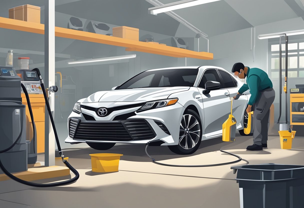 A Toyota Camry's oil capacity is being checked and filled by a mechanic in a clean and well-lit garage. The mechanic is using a funnel and a measuring stick to ensure the correct amount of oil is added