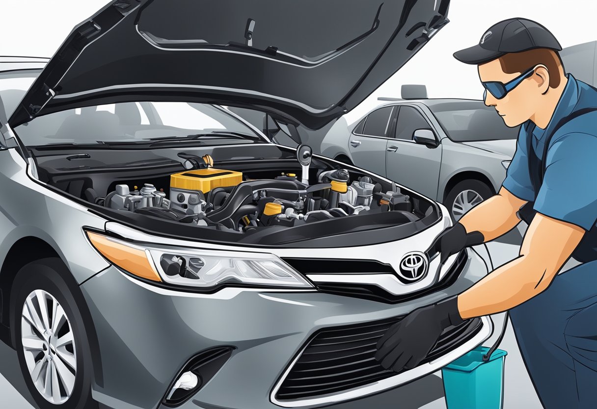A mechanic pours synthetic 0W-20 oil into a Toyota Camry's engine, following the manufacturer's recommended oil type and viscosity