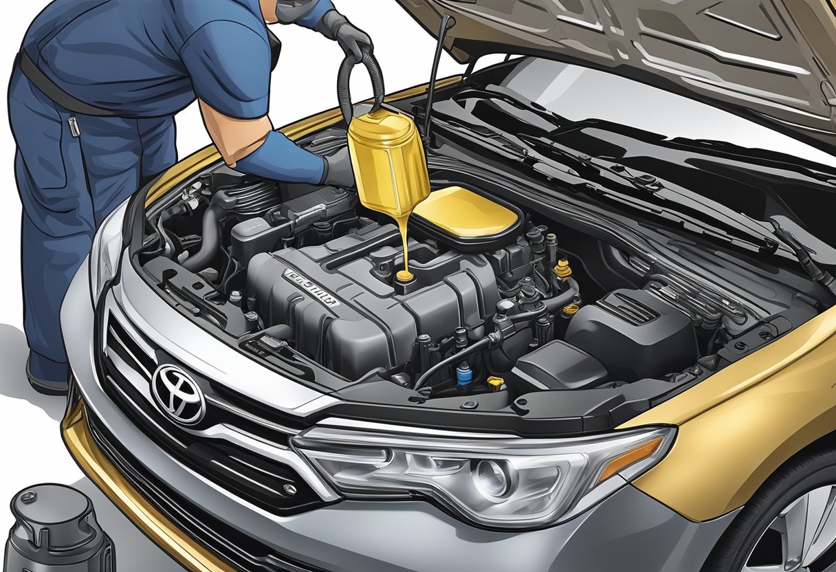 A mechanic pours 5W-30 synthetic oil into a Toyota Camry's engine, ensuring proper maintenance and optimal performance