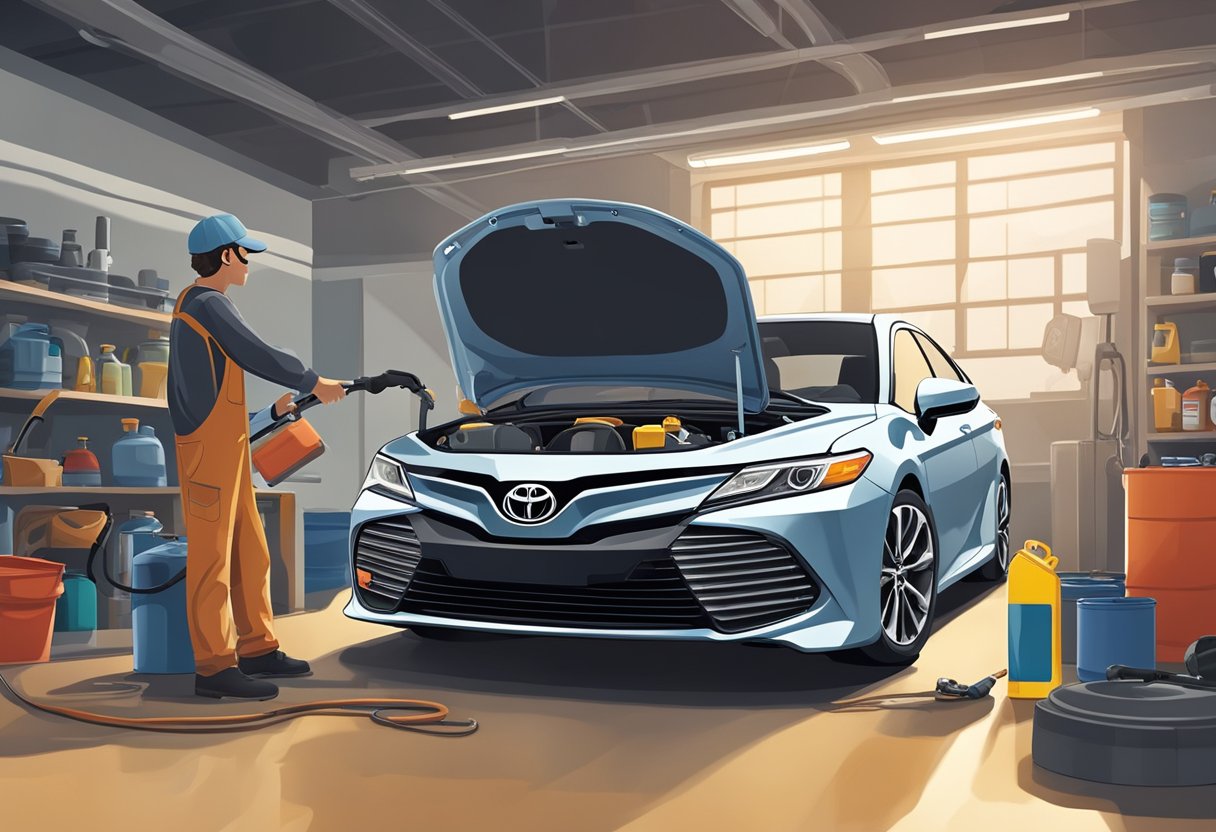 A Toyota Camry sits in a garage, with an oil canister next to it. The hood is open, and a mechanic is pouring oil into the engine