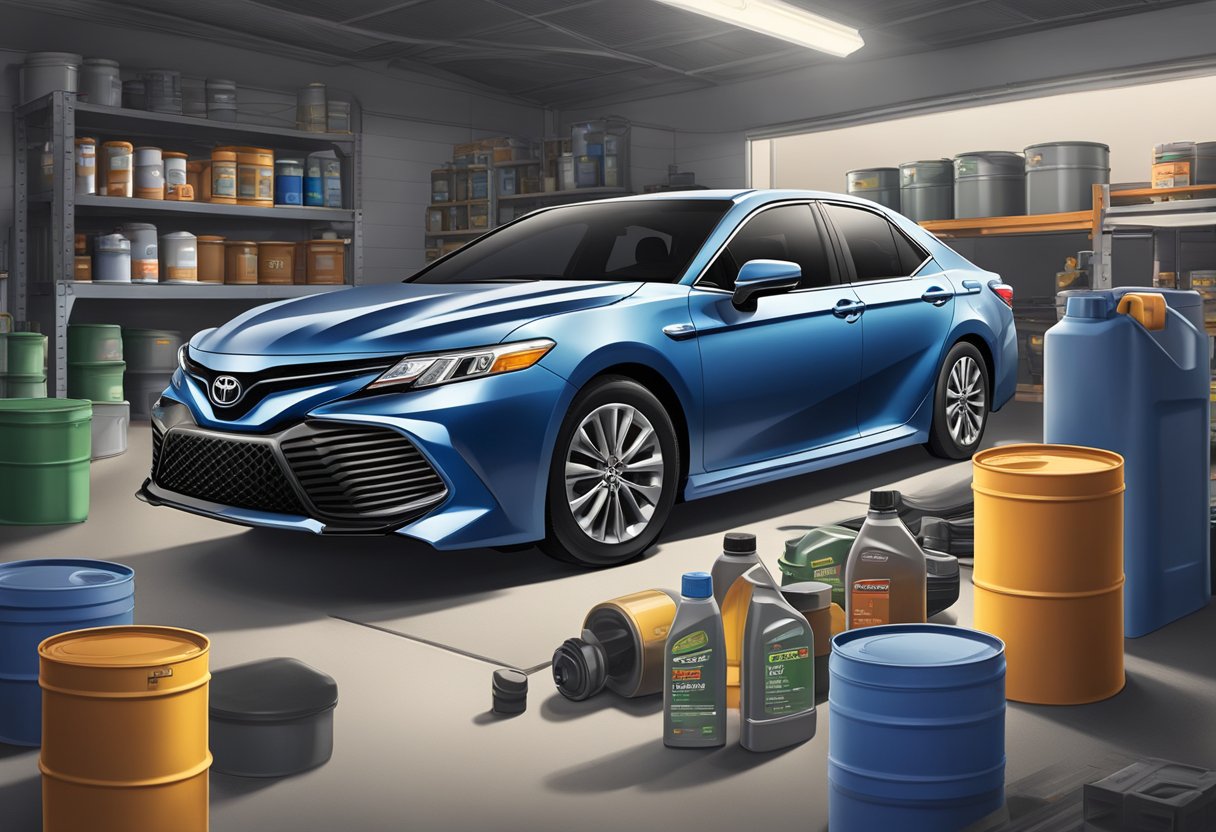 A Toyota Camry sits in a garage with its hood open, next to a stack of oil containers labeled with different oil types