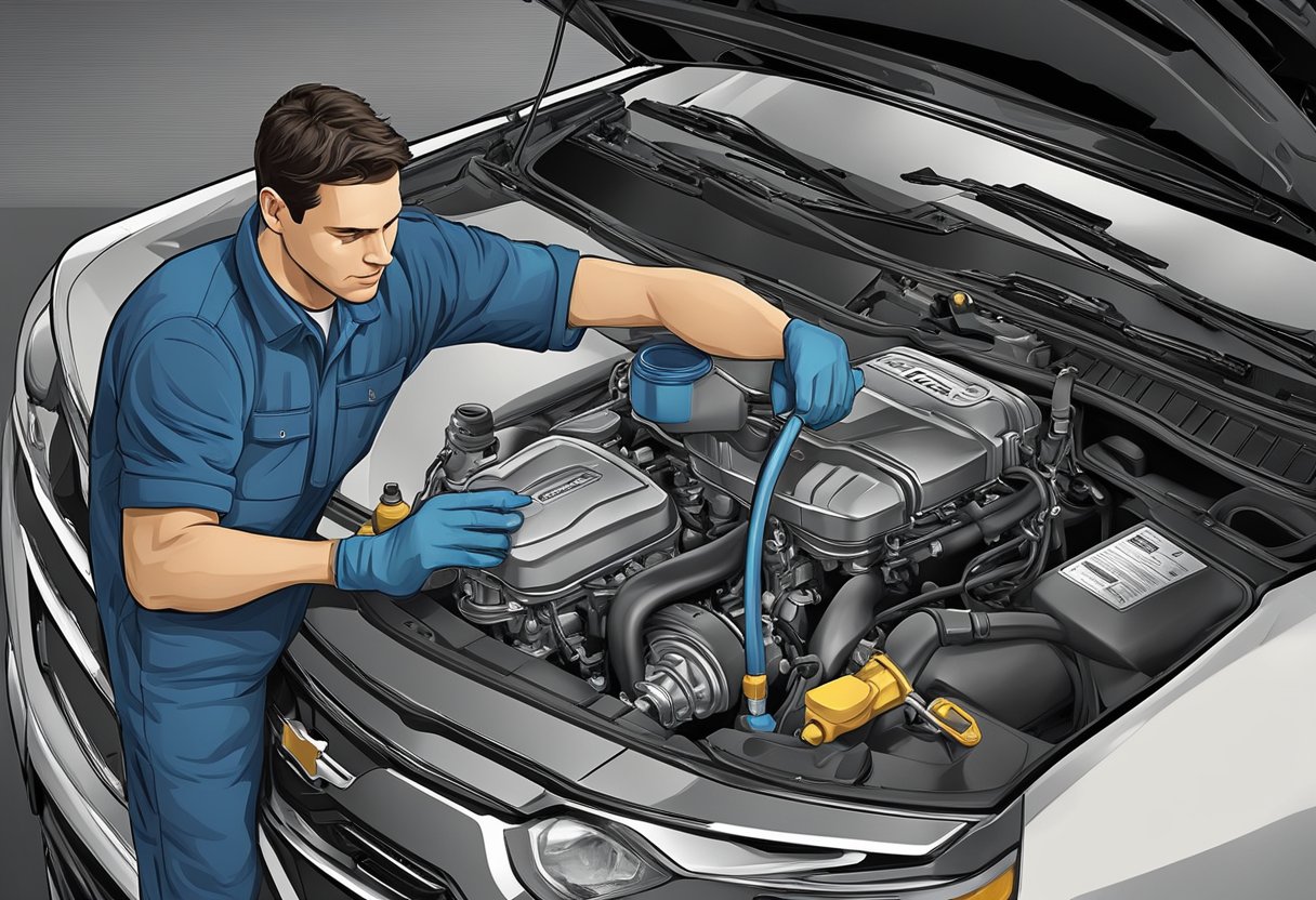 A mechanic pours 5.7 quarts of oil into a Chevrolet Equinox engine, filling it to the recommended capacity