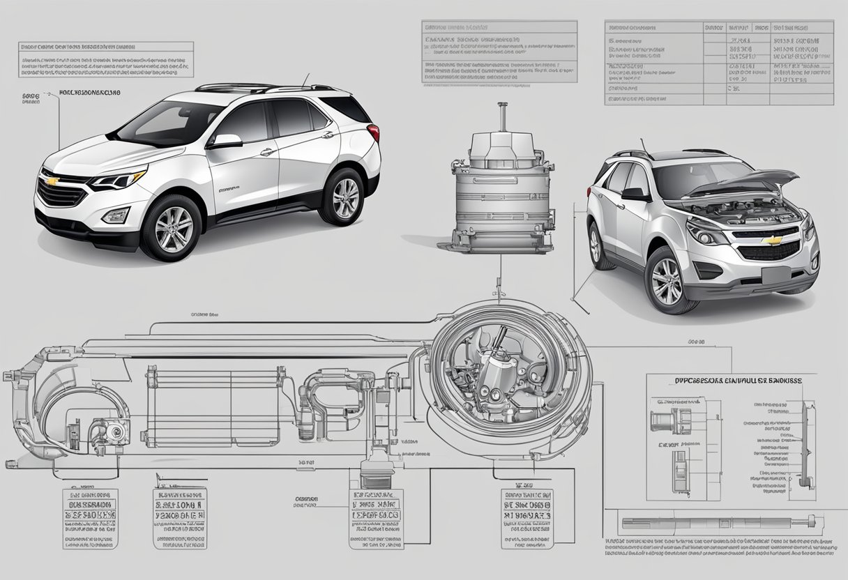 The Chevrolet Equinox engine specifications show the oil capacity. The illustration should include the engine compartment with the oil fill cap and dipstick