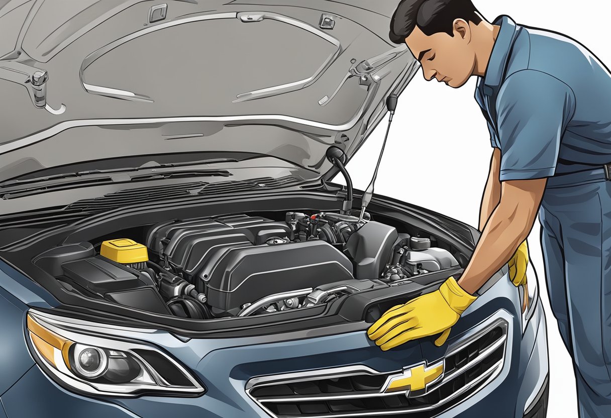 A mechanic pours oil into a Chevrolet Equinox engine, ensuring performance and efficiency with the correct oil capacity