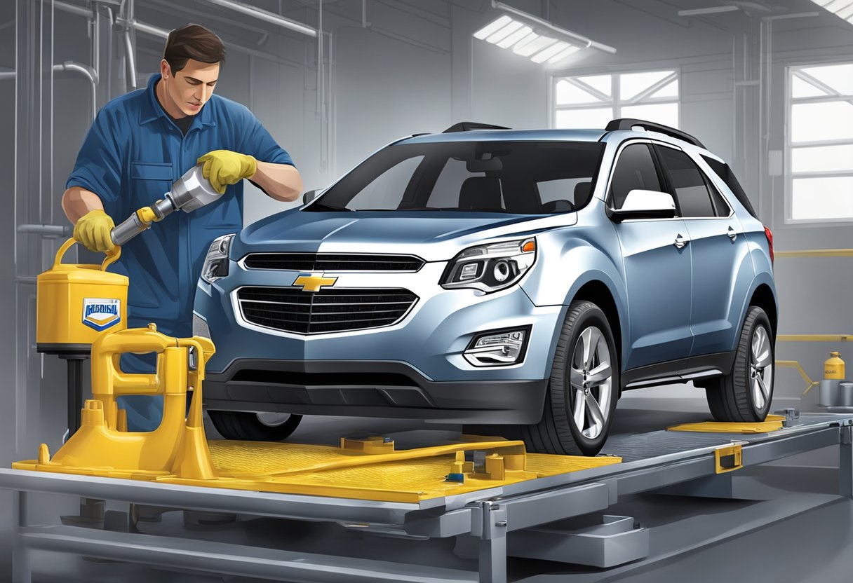 A mechanic pours oil into a Chevrolet Equinox, filling the additional fluid capacities