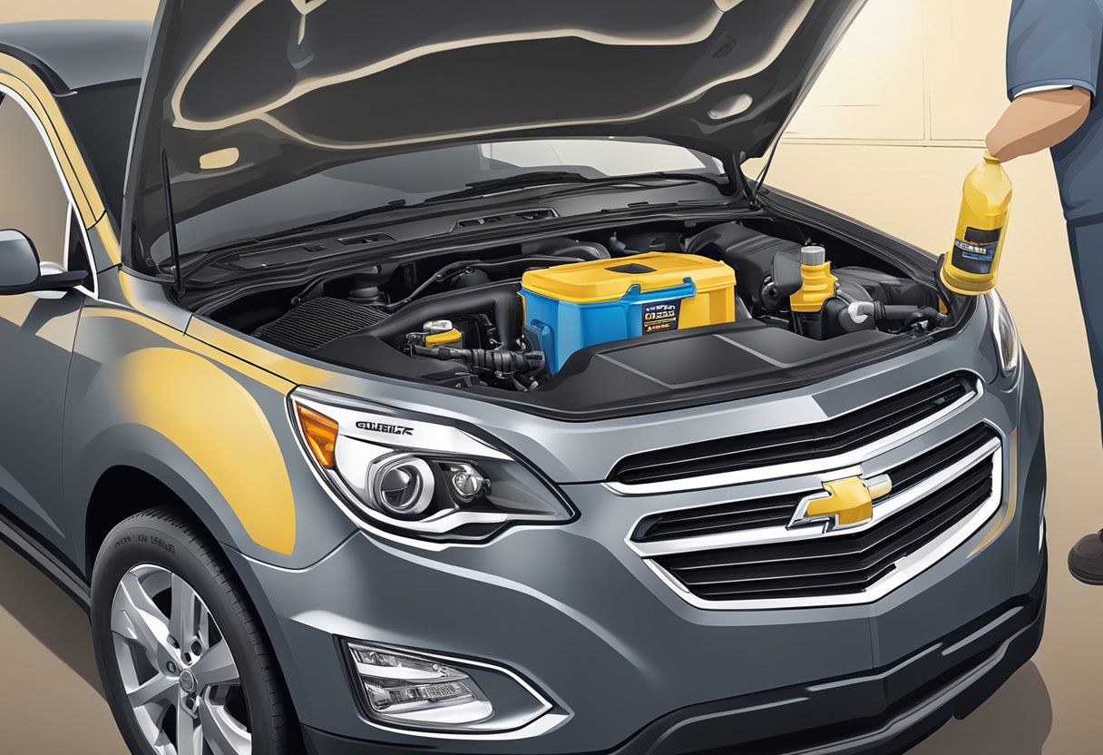 A mechanic pours synthetic oil into a Chevrolet Equinox engine, with the oil type clearly labeled on the bottle