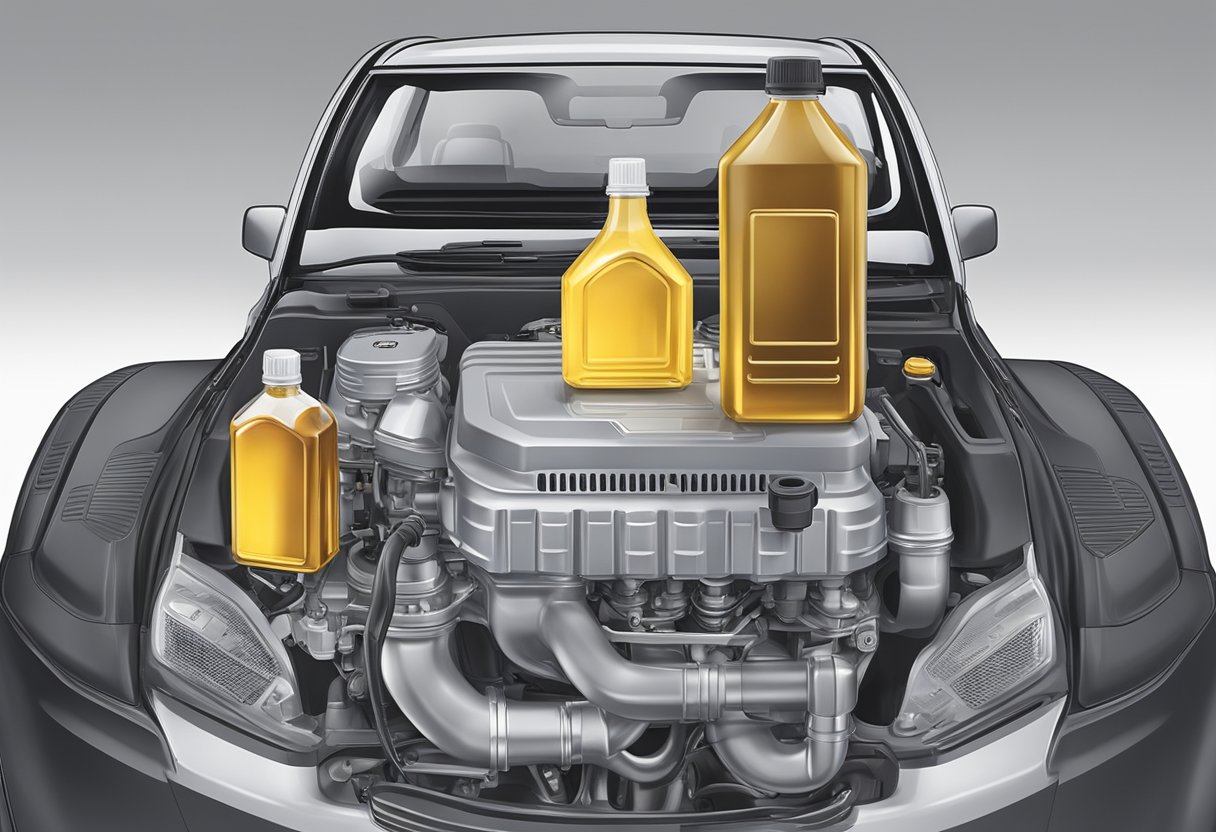 A bottle of specified oil next to a Chevrolet Equinox engine, with clear labeling of the oil type for easy identification