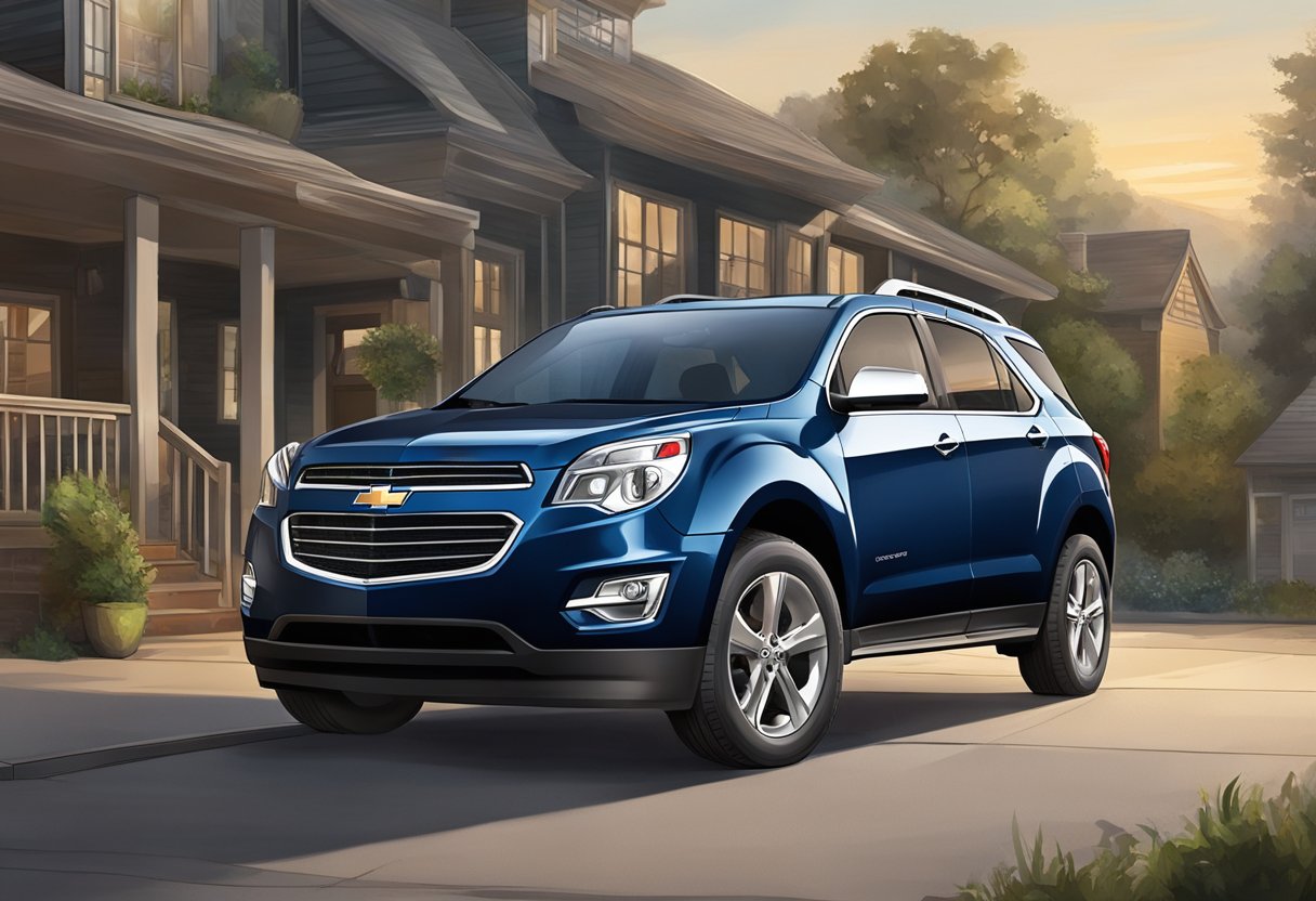 A Chevrolet Equinox parked with the hood open, a bottle of motor oil, and a funnel on the side