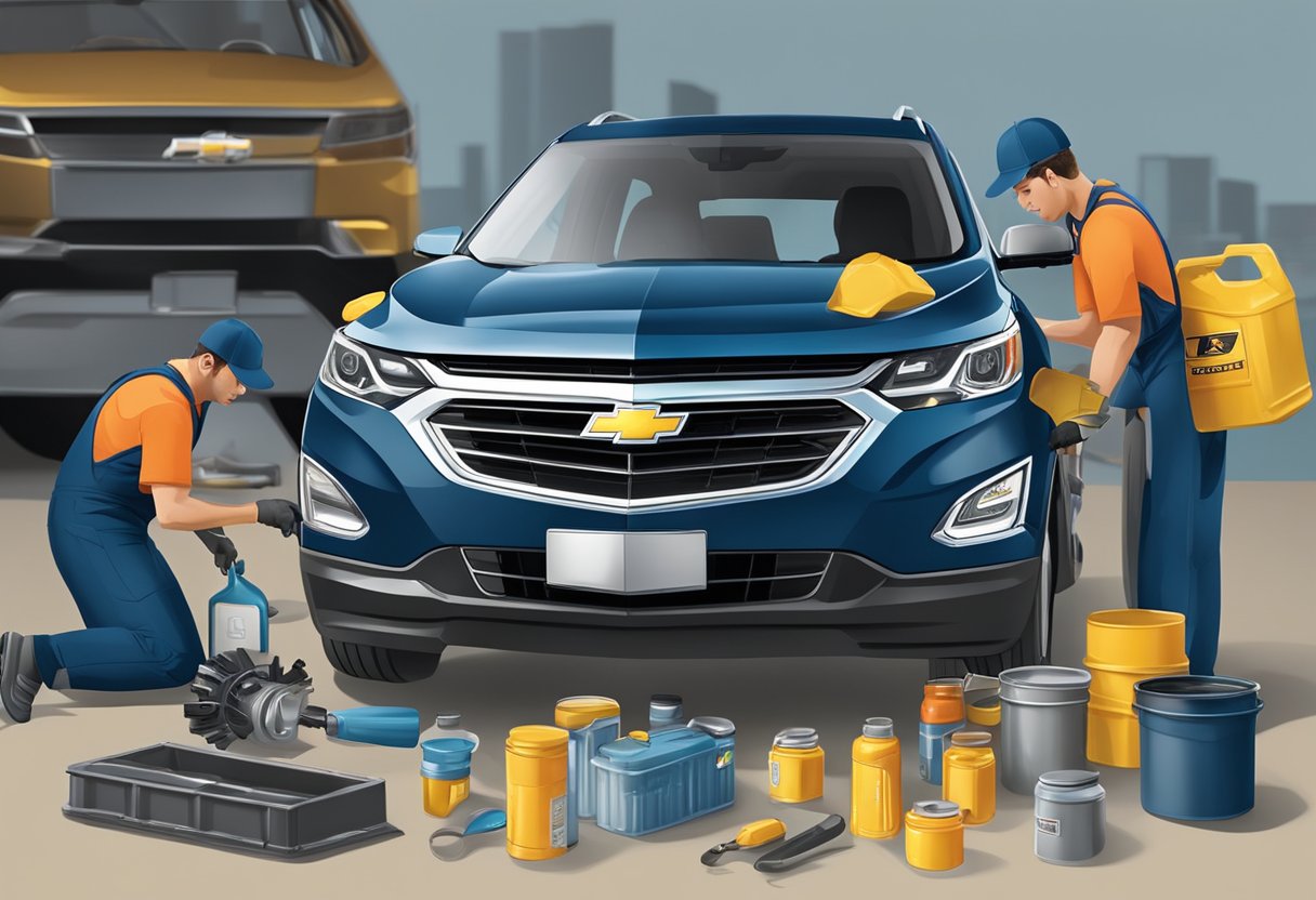 A mechanic pouring oil into a Chevrolet Equinox engine, with various oil containers and tools nearby