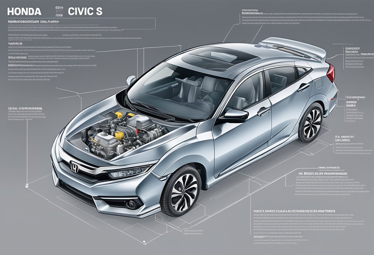 A Honda Civic's oil capacity and specifications are detailed in a manual, with a focus on the oil reservoir and engine components