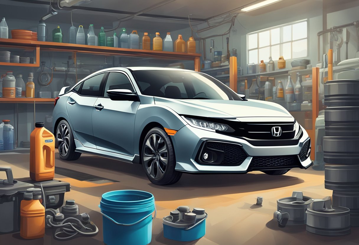 A Honda Civic sits in a garage, with a mechanic pouring oil into the engine. Bottles of transmission and fluid are lined up nearby