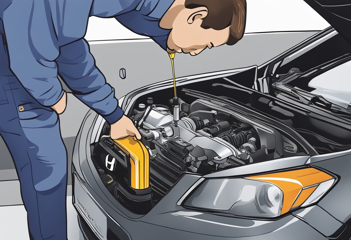 A mechanic pours oil into a Honda Civic engine, carefully checking the capacity to ensure proper lubrication