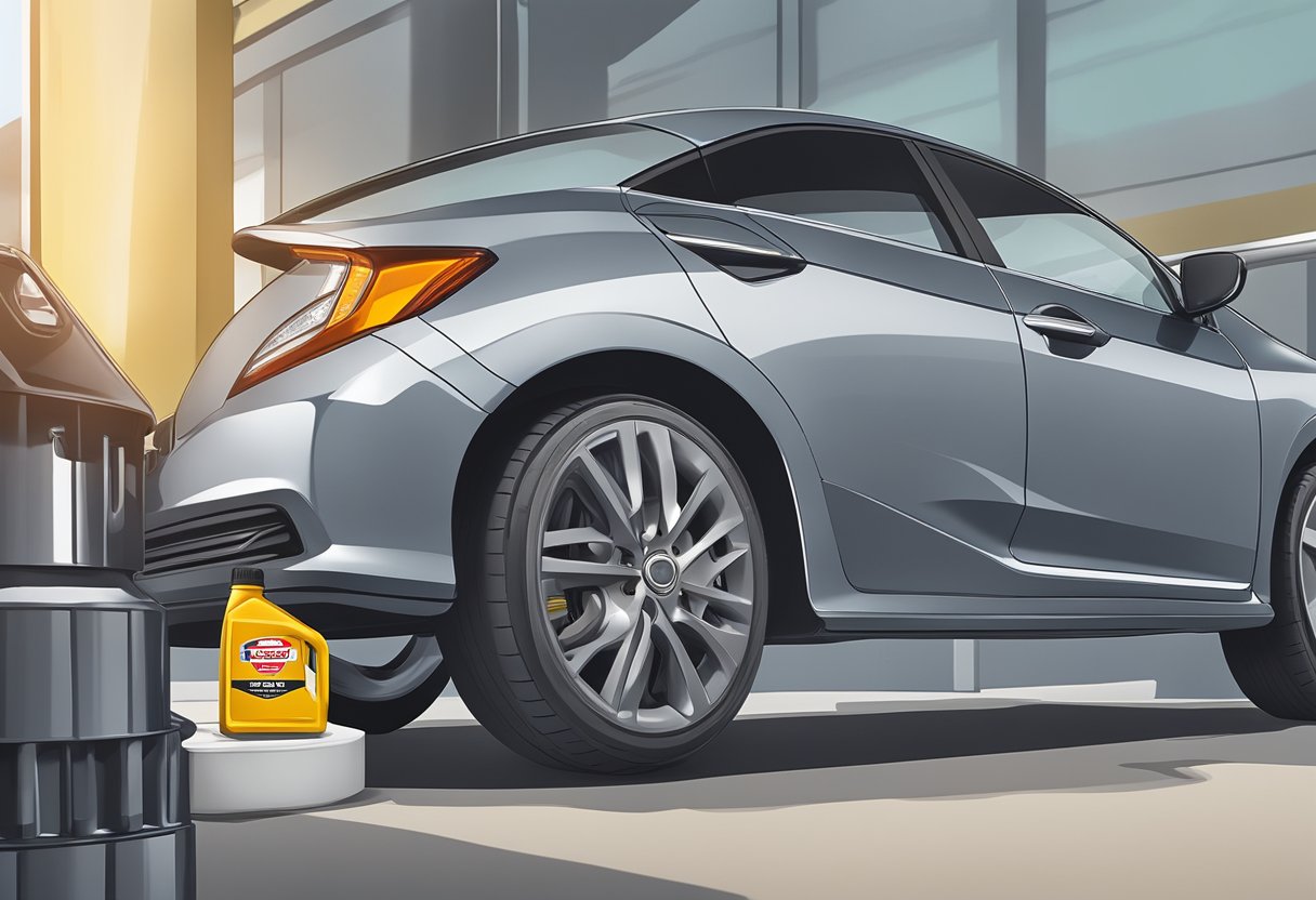 A bottle of 5W-20 motor oil sits next to a Honda Civic engine, with the oil cap off and a funnel ready for pouring